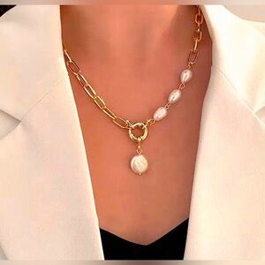 Baroque Pearl and Toggle Gold Necklace.